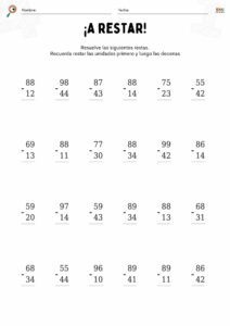 fichas de matemáticas con restas sin llevar para niños.