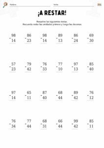 fichas de matemáticas con restas sin llevar para niños.