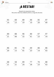 fichas de matemáticas con restas sin llevar para niños.