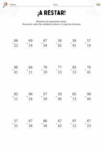 fichas de matemáticas con restas sin llevar para niños.