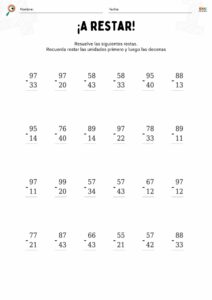 fichas de matemáticas con restas sin llevar para niños.