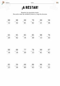 fichas de matemáticas con restas sin llevar para niños.