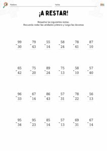 fichas de matemáticas con restas sin llevar para niños.