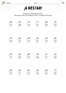 fichas de matemáticas con restas sin llevar para niños.