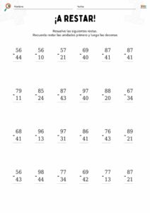 fichas de matemáticas con restas sin llevar para niños.