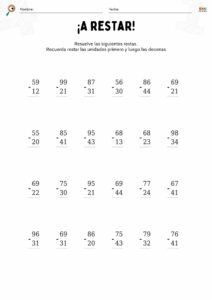 fichas de matemáticas con restas sin llevar para niños.