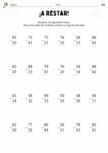 fichas de matemáticas con restas sin llevar para niños.