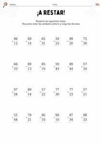 fichas de matemáticas con restas sin llevar para niños.