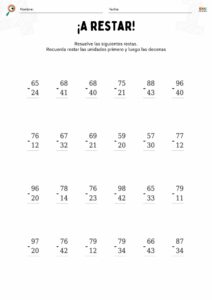 fichas de matemáticas con restas sin llevar para niños.
