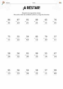 fichas de matemáticas con restas sin llevar para niños.