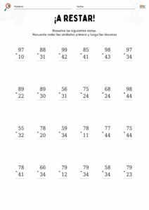 fichas de matemáticas con restas sin llevar para niños.