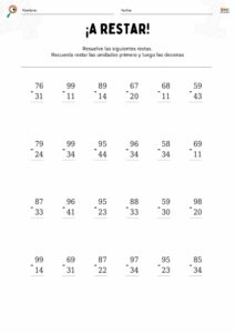 fichas de matemáticas con restas sin llevar para niños.