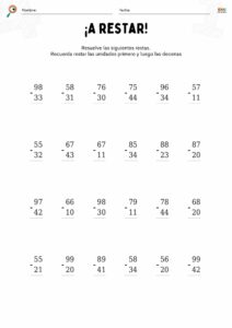 fichas de matemáticas con restas sin llevar para niños.