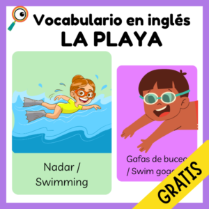 Flashcard educativa con ilustraciones de vocabulario en inglés sobre la playa, ideal para niños.