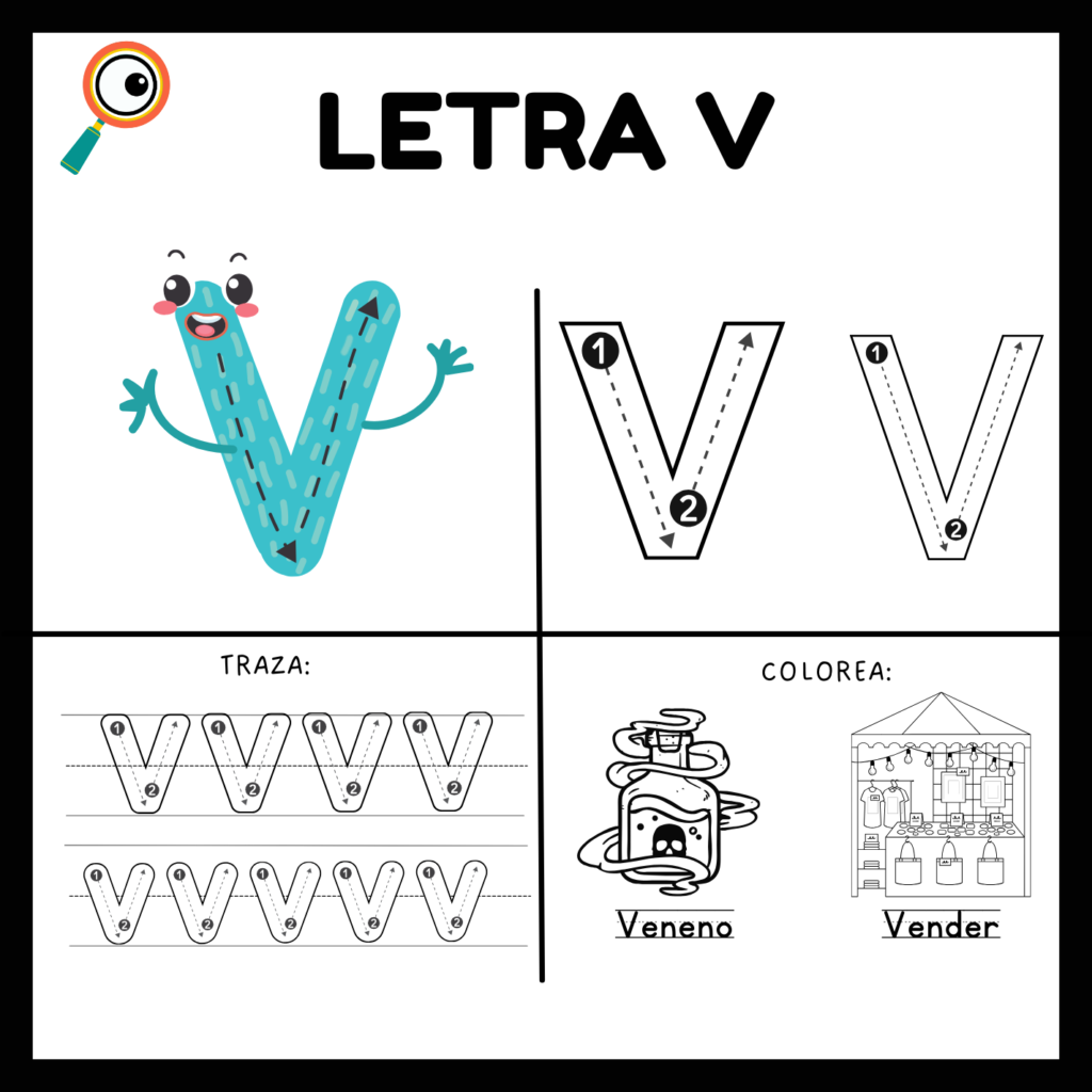 Ficha educativa para aprender y trazar la letra V, con ejercicios de escritura, reconocimiento y coloreado.