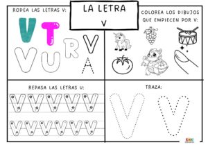 Ficha educativa para aprender y trazar la letra V, con ejercicios de escritura, reconocimiento y coloreado.