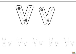 Ficha educativa para aprender y trazar la letra V, con ejercicios de escritura, reconocimiento y coloreado.