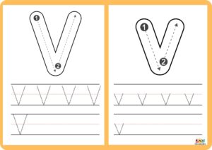 Ficha educativa para aprender y trazar la letra V, con ejercicios de escritura, reconocimiento y coloreado.