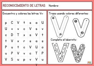 Ficha educativa para aprender y trazar la letra V, con ejercicios de escritura, reconocimiento y coloreado.
