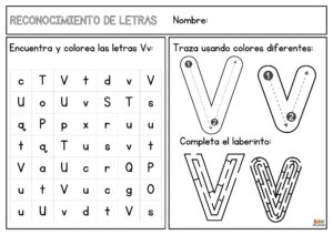 Ficha educativa para aprender y trazar la letra V, con ejercicios de escritura, reconocimiento y coloreado.