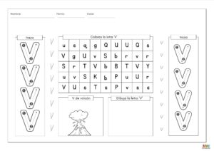 Ficha educativa para aprender y trazar la letra V, con ejercicios de escritura, reconocimiento y coloreado.