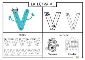 Ficha educativa para aprender y trazar la letra V, con ejercicios de escritura, reconocimiento y coloreado.