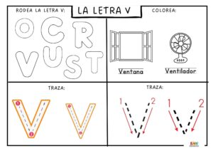 Ficha educativa para aprender y trazar la letra V, con ejercicios de escritura, reconocimiento y coloreado.