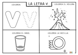 Ficha educativa para aprender y trazar la letra V, con ejercicios de escritura, reconocimiento y coloreado.