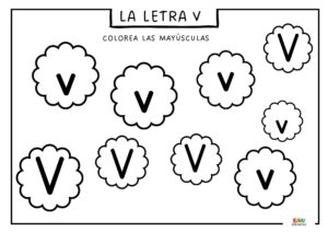 Ficha educativa para aprender y trazar la letra V, con ejercicios de escritura, reconocimiento y coloreado.