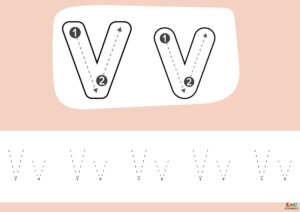 Ficha educativa para aprender y trazar la letra V, con ejercicios de escritura, reconocimiento y coloreado.